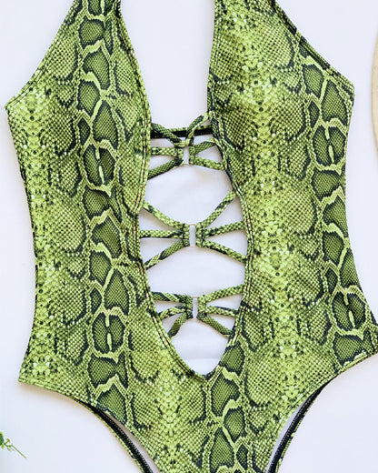Snake-print Cutout Halter Neck Strap One-piece Swimsuit