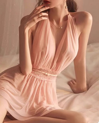 Sexy Deep V Halter Neck Backless Mesh Lace Nightgown