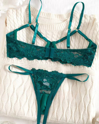 Sexy Lace Floral Openwork Bra and Thong Lingerie Set