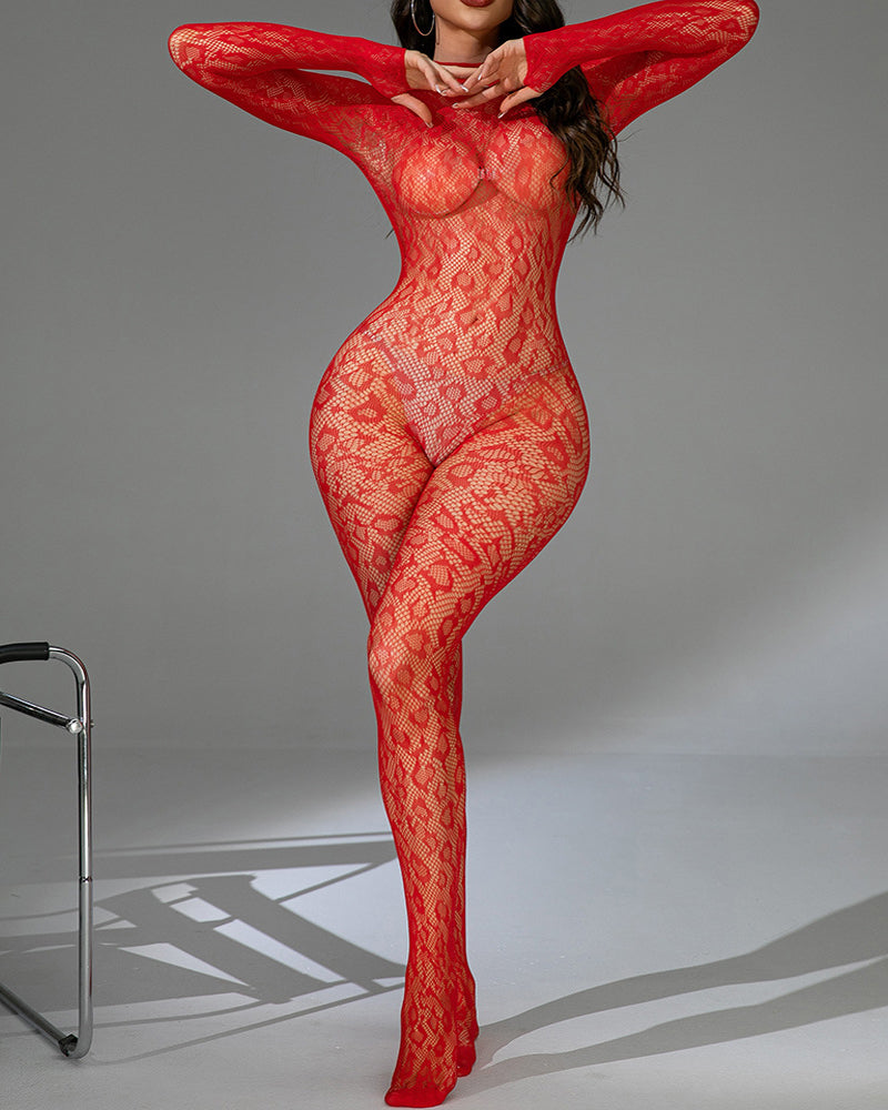 Leopard Sexy Backless Lace Fishnet Stretch Tight Long-sleeved Bodysuit