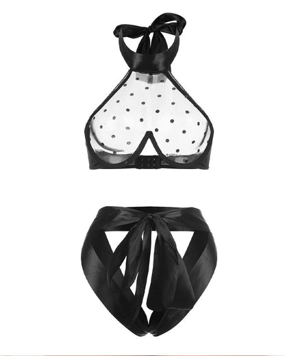 Black Polka Dot Sexy Backless Sheer Openwork Lingerie Set