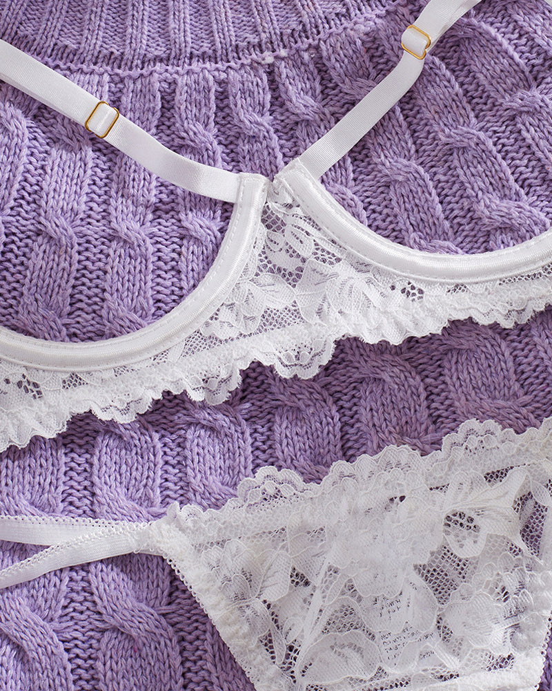 Sexy Lace Floral Openwork Bra and Thong Lingerie Set