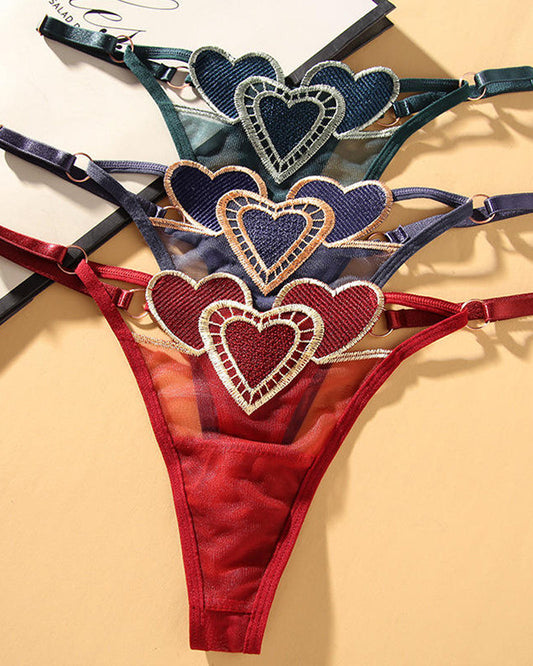 Heart Embroidered Sheer Mesh Sexy Thong