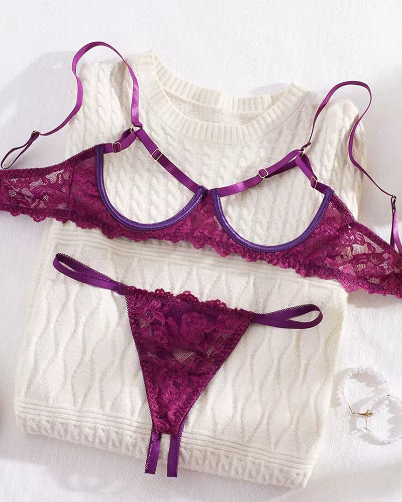 Sexy Lace Floral Openwork Bra and Thong Lingerie Set