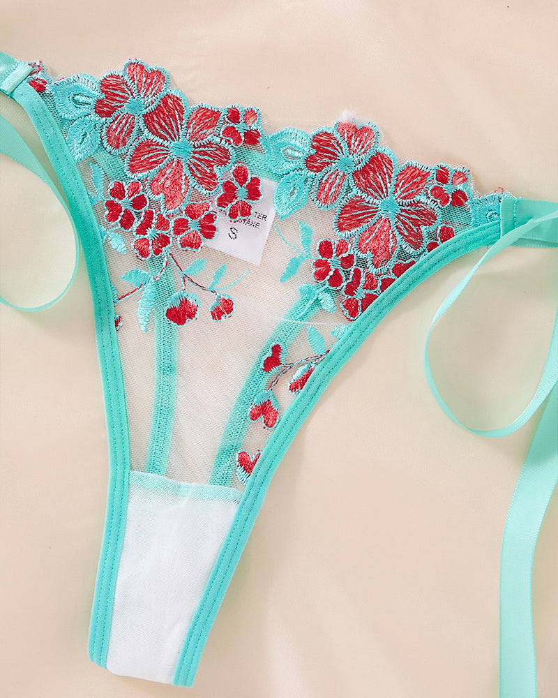Sexy Flower Embroidered Mesh Lace Gathered Bra Set