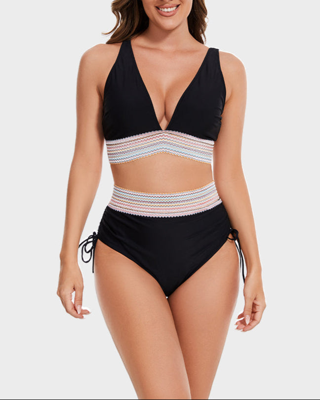 High Waisted Tummy Control Color Block Bikini Sets