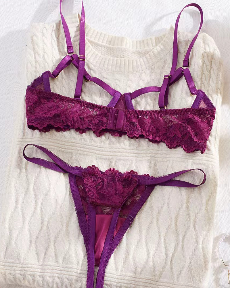 Sexy Lace Floral Openwork Bra and Thong Lingerie Set