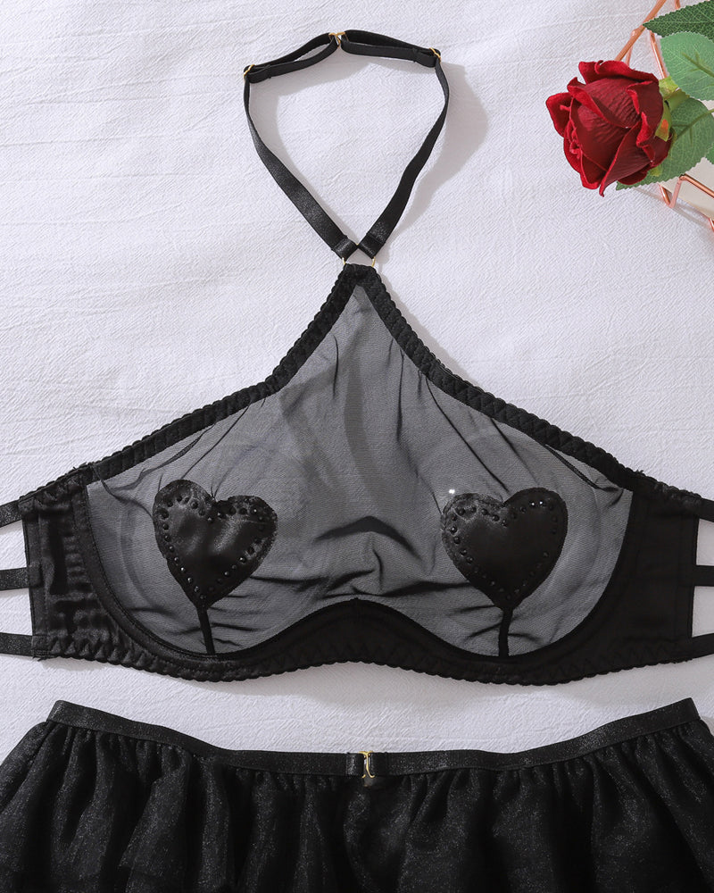 Mesh See-through Halter Neck Heart with Stockings Shaping exy Lingerie Set