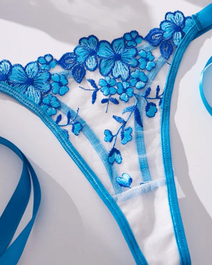 Sexy Flower Embroidered Mesh Lace Gathered Bra Set