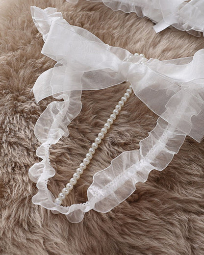 Lace Mesh Bow Tie Pearl Decoration Lingerie Set